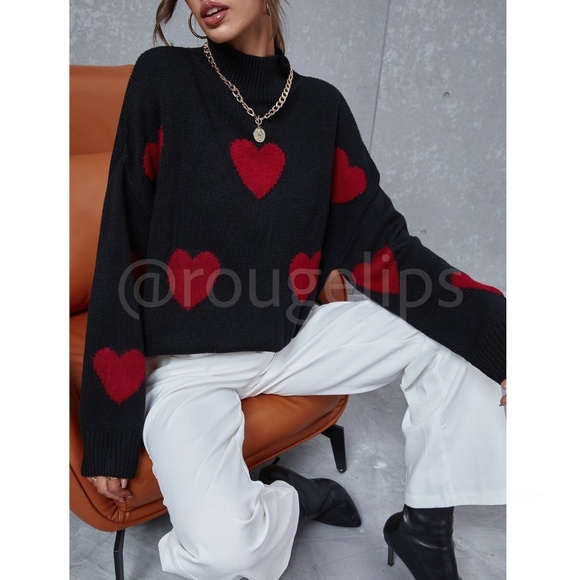 Red Hearts on Black Knit Pullover Sweater Stretchy Long Sleeve High Neck - Picture 6 of 7